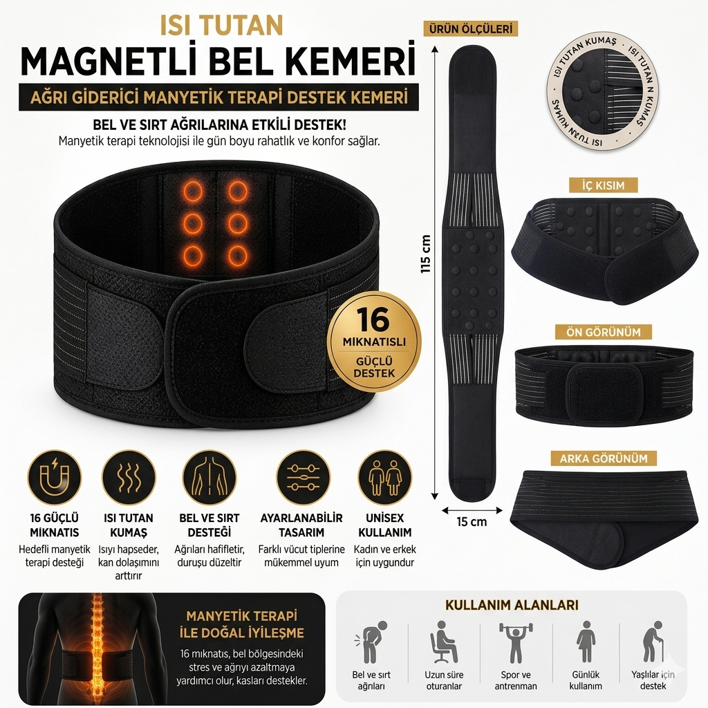 Isı Tutan Magnetli Bel Kemeri Ağrı Giderici Manyetik Terapi Destek Kemeri 16 Mıknatıslı Bel Korsesi